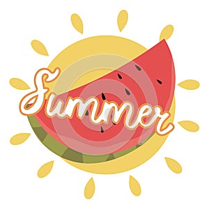 Inscription summer with watermelon. Vector illustration lettering summer for postcards.