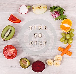 Inscription time to diet with fresh fruits and vegetables, healthy lifestyles and nutrition concept