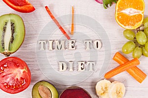 Inscription time to diet and nutritious fruits and vegetables in shape of clock, healthy lifestyle concept