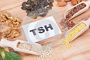 Inscription TSH and best food for healthy thyroid. Natural eating as source vitamins