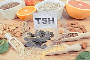 Inscription TSH and best food for healthy thyroid. Natural eating as source vitamins