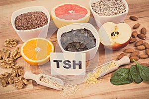 Inscription TSH and Best food for healthy thyroid. Natural eating as source vitamins