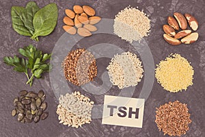 Inscription TSH with different products and ingredients as source vitamins for healthy thyroid