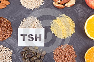 Inscription TSH with different products and ingredients as source vitamins for healthy thyroid