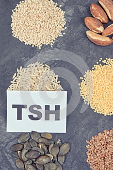 Inscription TSH with different products and ingredients as source vitamins for healthy thyroid