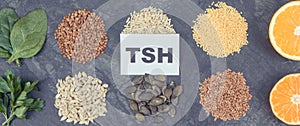 Inscription TSH with different products and ingredients as source vitamins for healthy thyroid