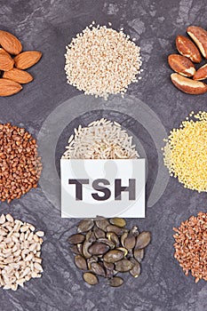 Inscription TSH with fruits, vegetables and other ingredients as beneficial eating for thyroid gland