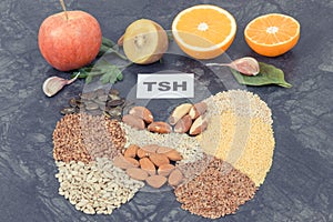 Inscription TSH and ingredients as best food for healthy thyroid. Natural eating containing vitamins