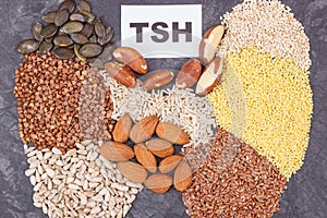 Inscription TSH and ingredients as best food for healthy thyroid. Natural eating containing vitamins