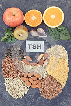 Inscription TSH and ingredients as best food for healthy thyroid. Natural eating containing vitamins