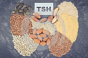 Inscription TSH and ingredients as best food for healthy thyroid. Natural eating containing vitamins photo