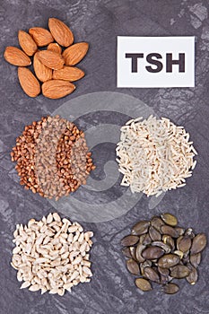 Inscription TSH with nutritious products and ingredients as source vitamins for healthy thyroid