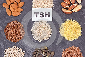 Inscription TSH with nutritious products and ingredients as source vitamins for healthy thyroid