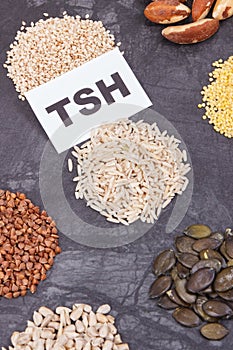 Inscription TSH with nutritious products and ingredients as source vitamins for healthy thyroid