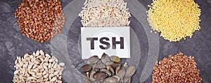 Inscription TSH with nutritious products and ingredients as source vitamins for healthy thyroid