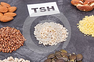 Inscription TSH with products and ingredients as best food for healthy thyroid. Natural eating containing vitamins photo