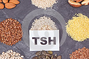Inscription TSH with products and ingredients as best nutritious food for healthy thyroid. Natural eating containing vitamins