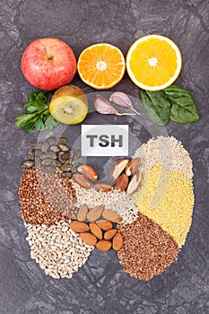 Inscription TSH and thyroid shape made of healthy ingredients. Source natural vitamins