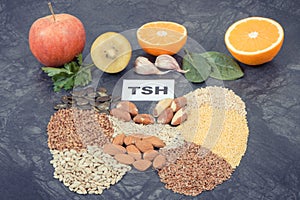 Inscription TSH and thyroid shape made of healthy ingredients. Source natural vitamins