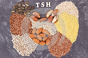 Inscription TSH and thyroid shape made of healthy ingredients. Source natural vitamins