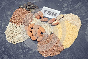 Inscription TSH and thyroid shape made of healthy ingredients. Source natural vitamins