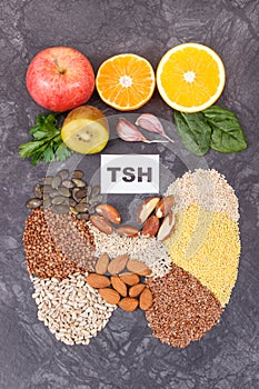 Inscription TSH and thyroid shape made of healthy ingredients. Source natural vitamins photo