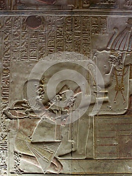 Inscriptions on the walls and columns of seti 1 temple in Abydos in Sohag in Egypt