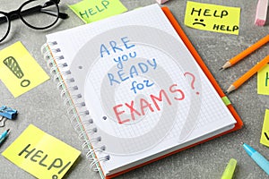 Inscriptions Are you ready for exams? and Help on grey background