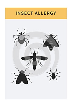 Insect allergy icons set. Cartoon isolated allergen like mite, bugs, bee, hornet and wasp. Banner template with allergy risk