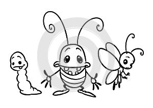 Insect characters beetle butterfly caterpillar cartoon illustration coloring page