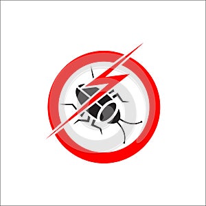 Insect cockroach in red forbidding spark circle. Anti cockroach Insect sign, pest control icon. cockroach pest control stop sign