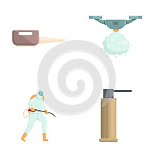 Insect control icons set cartoon vector. Disinfector man in protective suit