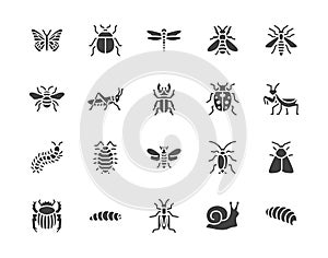 Insect flat glyph icons set. Butterfly, bug, dung beetle, grasshopper, cockroach, scarab, bee, caterpillar vector