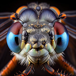 Insect Head Macro Photo, Dragonfly Close-Up, Faceted Eyes, Damselfly Abstract AI Generative Illustration