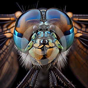 Insect Head Macro Photo, Dragonfly Close-Up, Faceted Eyes, Damselfly Abstract AI Generative Illustration