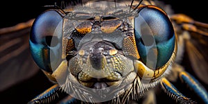 Insect Head Macro Photo, Dragonfly Close-Up, Faceted Eyes, Damselfly Abstract AI Generative Illustration