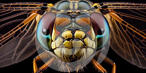 Insect Head Macro Photo, Dragonfly Close-Up, Faceted Eyes, Damselfly Abstract AI Generative Illustration