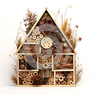 Insect hotel isolated on white created with Generative AI. Little house for various insects.