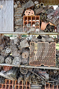 Insect house closeup in home garden Hotel for insects