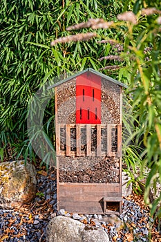 Insect house in the garden. Bug hotel at the park with plants