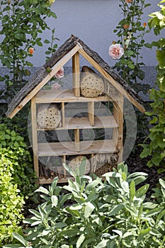 Insect house - hotel for the protection of biodiversity in a summer garden