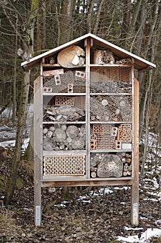 Insect House in the Spring Forest.Ecology and nature conservation concept. Caring for the environment.