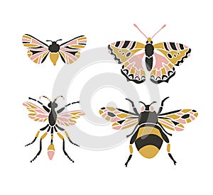 Insect icons, vector set. Abstract triangular style.