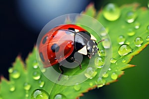 Insect ladybug on the street in dewdrops