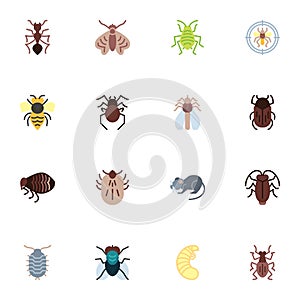 Insect pests collection, flat icons set