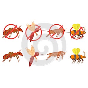 Insect pests vector. Mosquito, cockroach, ant, hornet, gnat and pest. illustration and clipart. Prohibition sign.