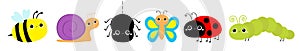 Insect set line. Ladybug ladybird, butterfly, green caterpillar, spider, honey bee, snail. Cute cartoon kawaii baby animal