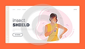 Insect Shield Landing Page Template. Woman Sprays Mosquito Repellent To Ward Off Insects, Keeping Them Safe From Bites