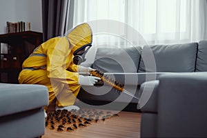 insect termite uniform control exterminator kill cockroach pest sofa pesticide. Generative AI.