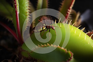 Insect walks on a venus flytrap leaf next to an opening trap. Carnivorous plant venus flytrap preys on an insect. Generative AI